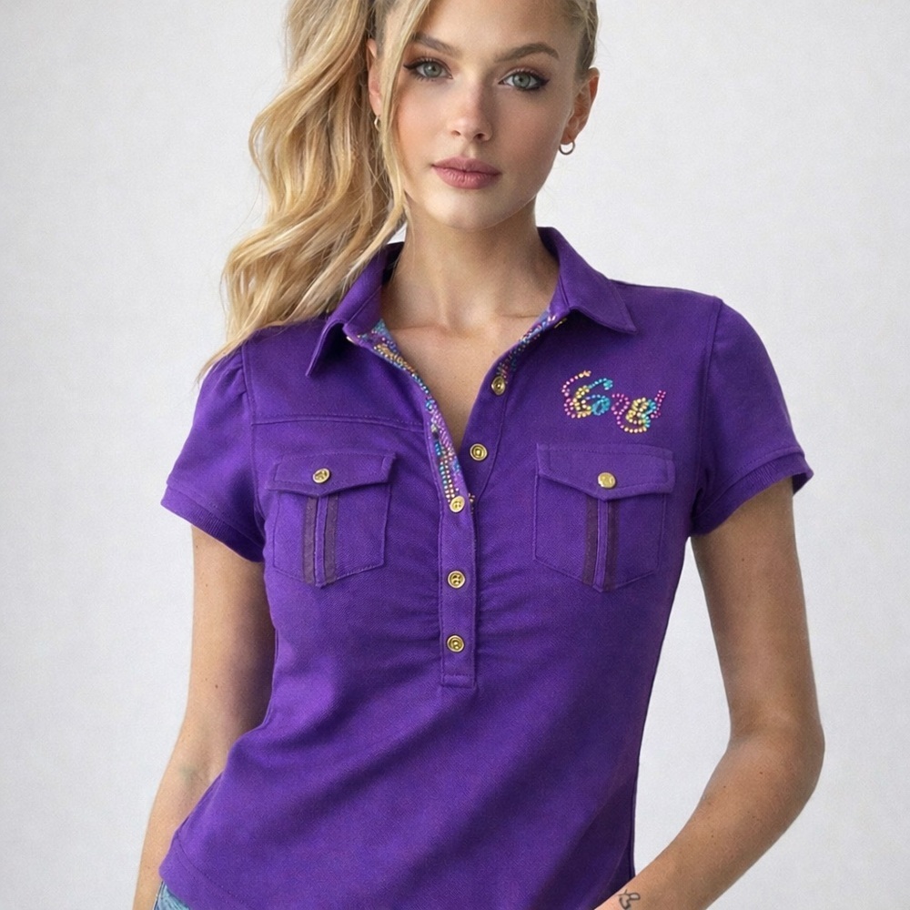 Coogi Women's Y2K Purple Rhinestone Logo Polo Top Retro Large Festival Bling